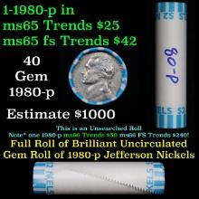 BU Shotgun Jefferson 5c roll, 1980-p 40 pcs Bank $2 Nickel Wrapper