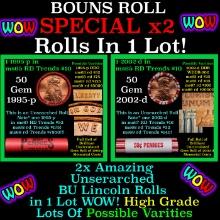 2x BU Shotgun Lincoln 1c rolls, 1995-p & 2002-d 50 pcs 50c