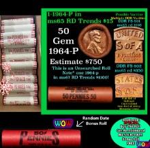 THIS AUCTION ONLY! BU Shotgun Lincoln 1c roll, 1964-p 50 pcs Plus one bonus random date BU roll! Fed