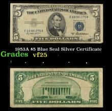 1953A $5 Blue Seal Silver Certificate Grades vf+