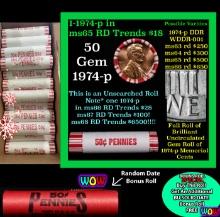 THIS AUCTION ONLY! BU Shotgun Lincoln 1c roll, 1974-p 50 pcs Plus one bonus random date BU roll! Ban