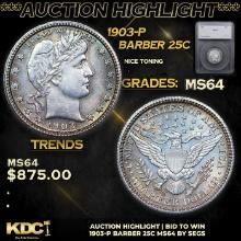 ***Auction Highlight*** 1903-p Barber Quarter 25c Graded ms64 By SEGS (fc)