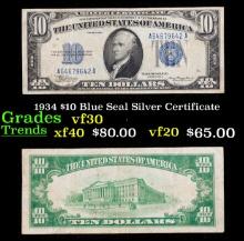 1934 $10 Blue Seal Silver Certificate Grades vf++