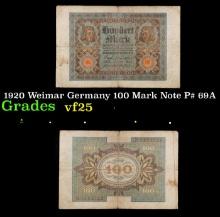 1920 Weimar Germany 100 Mark Note P# 69A Grades vf+