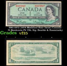 1954 Modified Hair Issue Canada $1 Banknote P# 75b, Sig. Beattie & Rasminsky Grades vf+