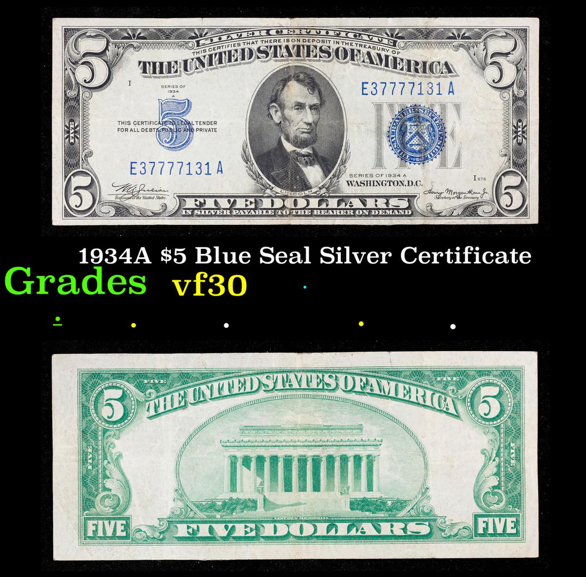 1934A $5 Blue Seal Silver Certificate Grades vf++