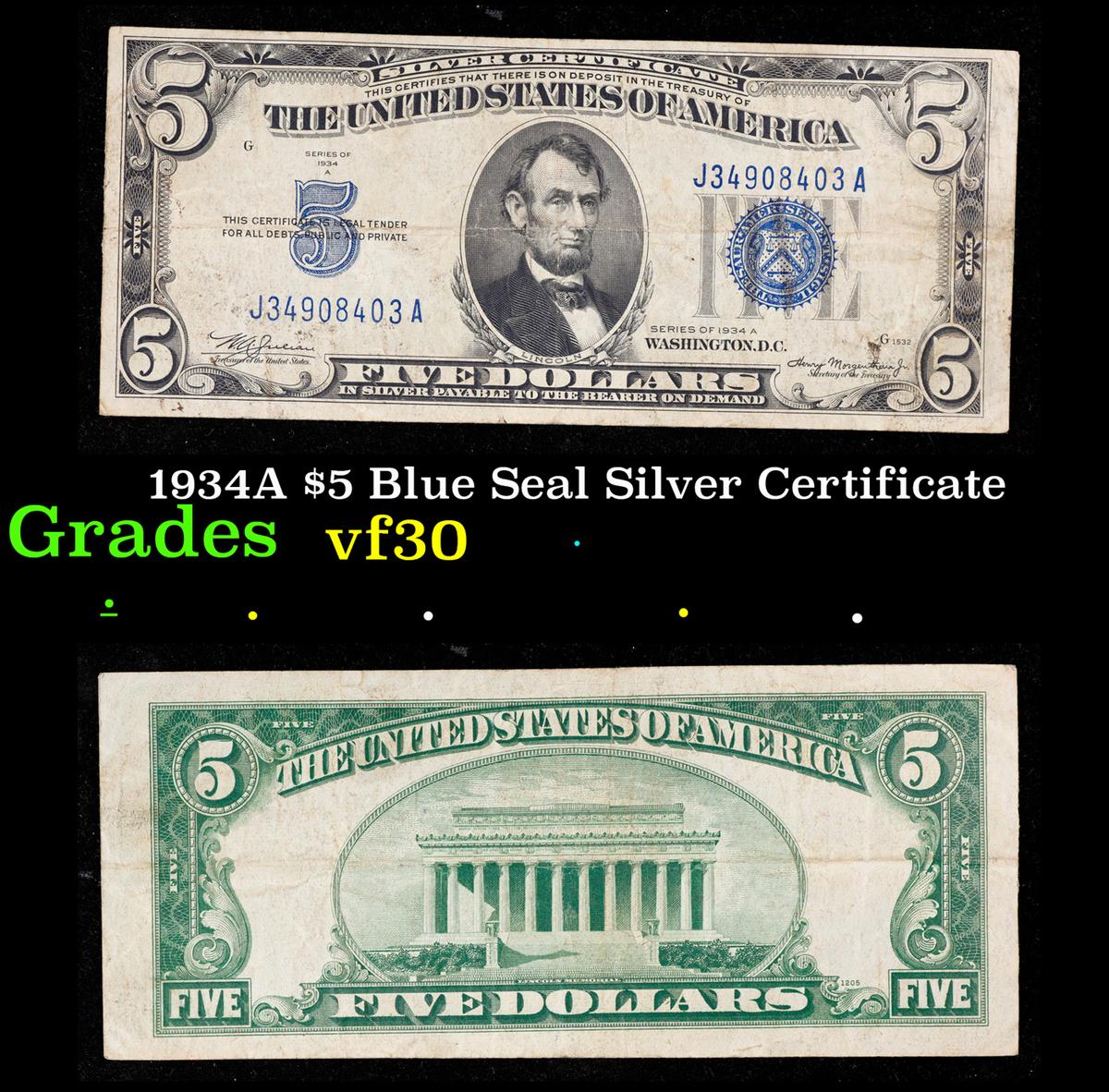 1934A $5 Blue Seal Silver Certificate Grades vf++