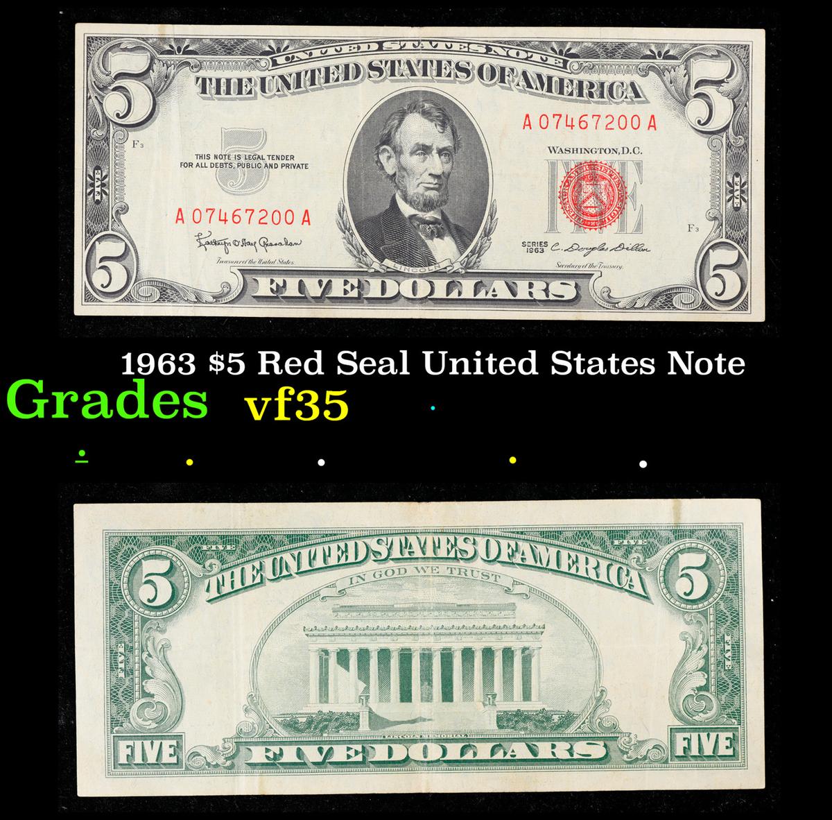 1963 $5 Red Seal United States Note Grades vf++