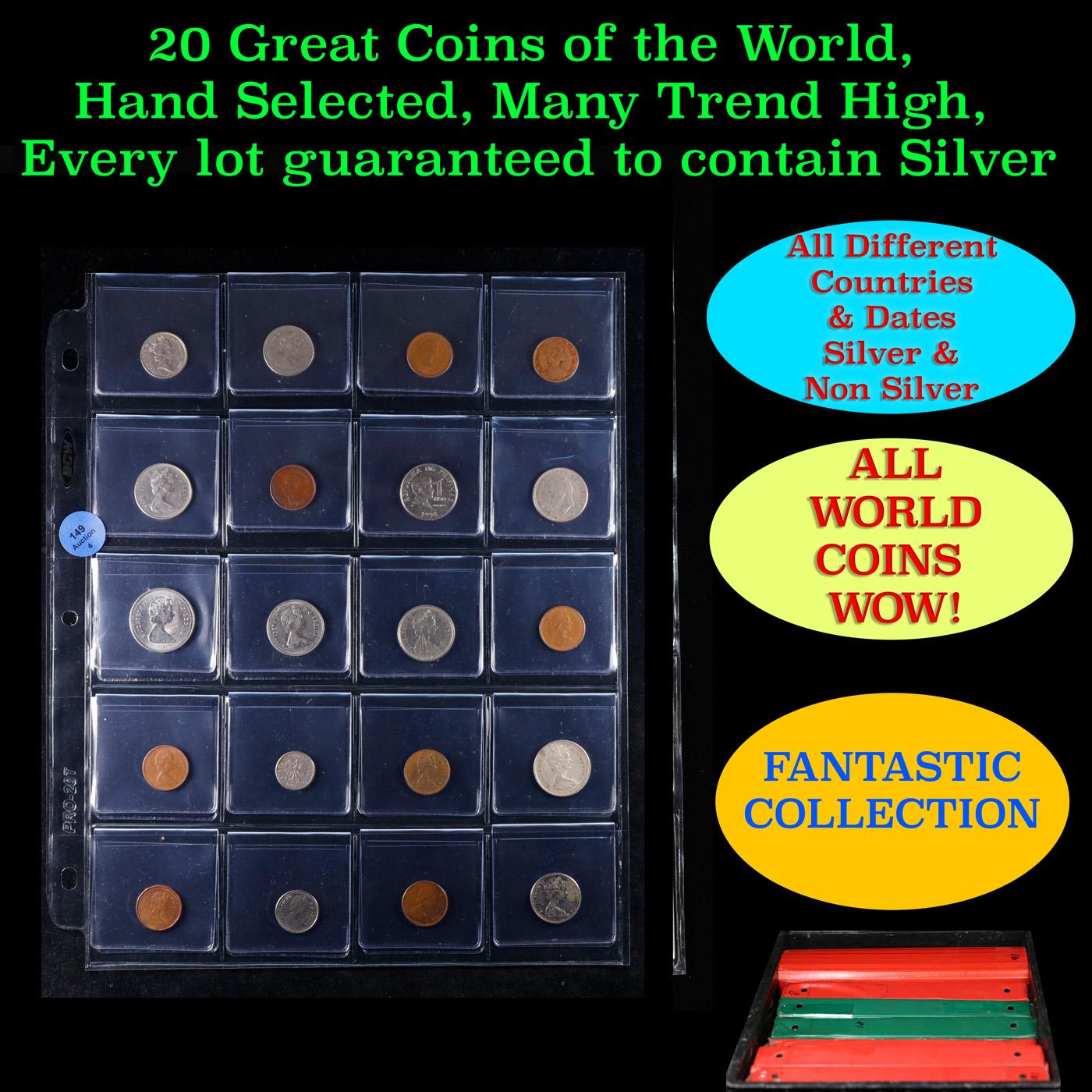 20 Great Coins of the World, hand selected, many trend high, every lot guaranteed to contain Silver.