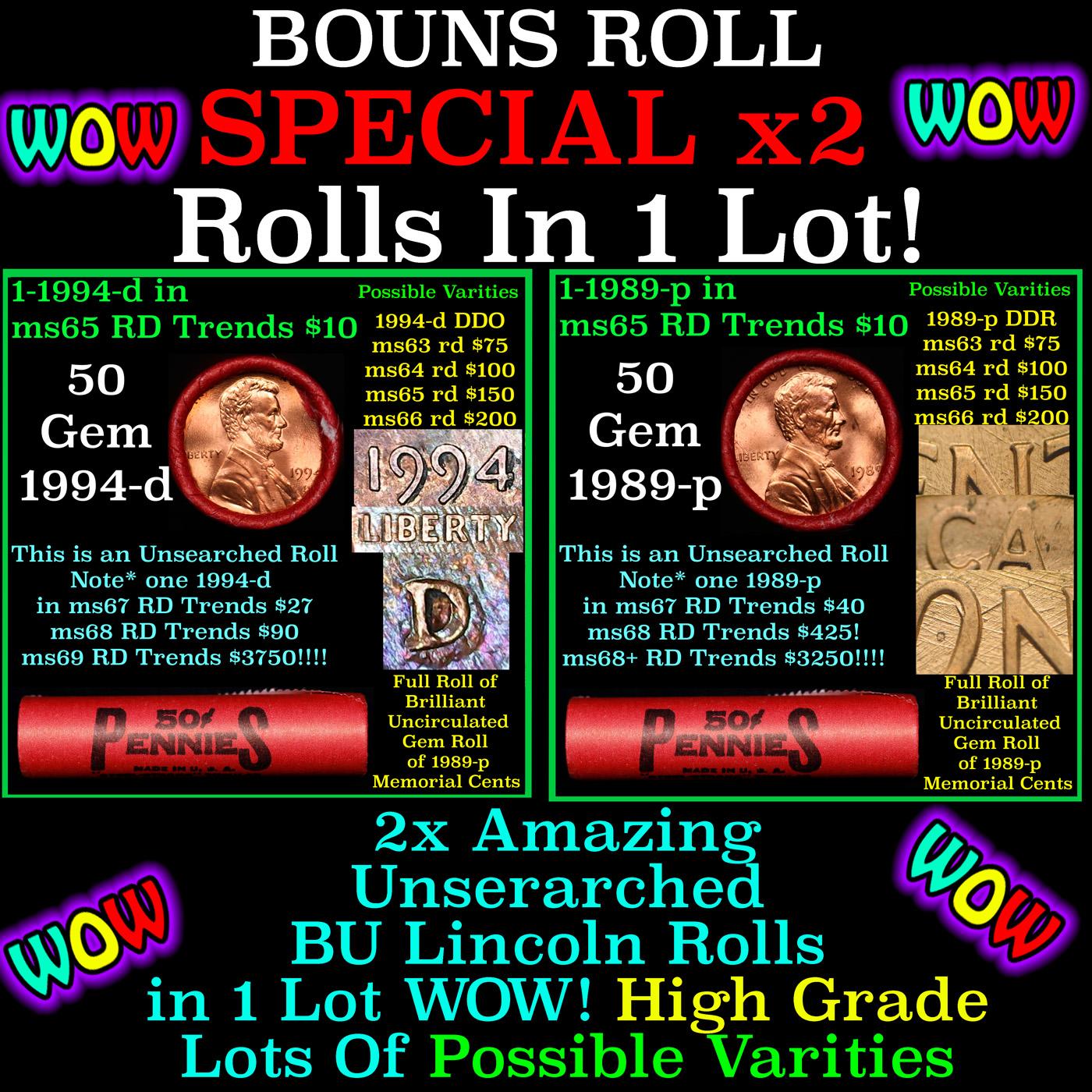 2x BU Shotgun Lincoln 1c rolls, 1994-d & 1989-p 50 pcs 50c