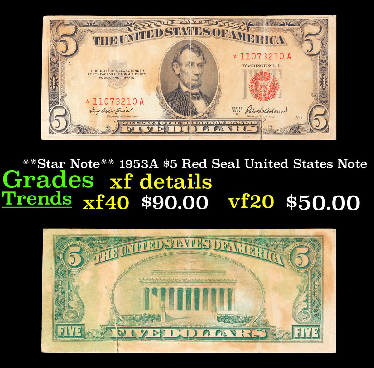**Star Note** 1953A $5 Red Seal United States Note Grades xf details
