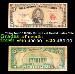 **Star Note** 1953A $5 Red Seal United States Note Grades xf details
