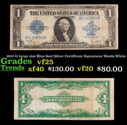 1923 $1 large size Blue Seal Silver Certificate Grades vf+ Signatures Woods/White