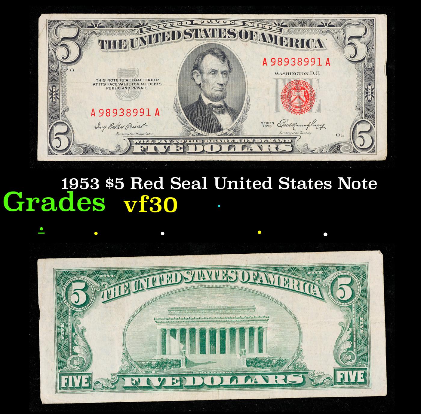 1953 $5 Red Seal United States Note Grades vf++