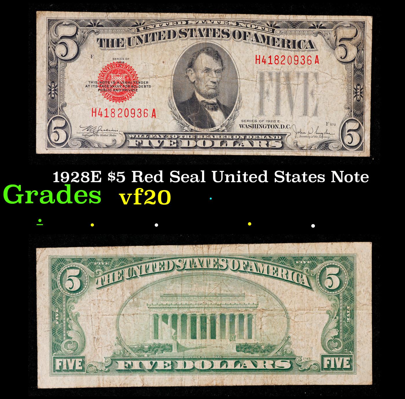 1928E $5 Red Seal United States Note Grades vf, very fine