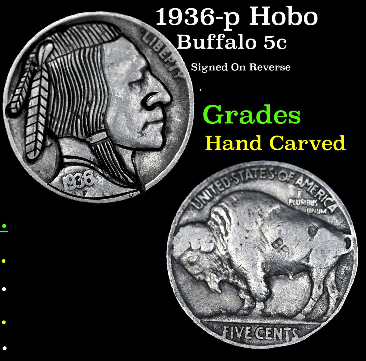 1936-p Hobo Buffalo Nickel 5c Grades Hand Carved