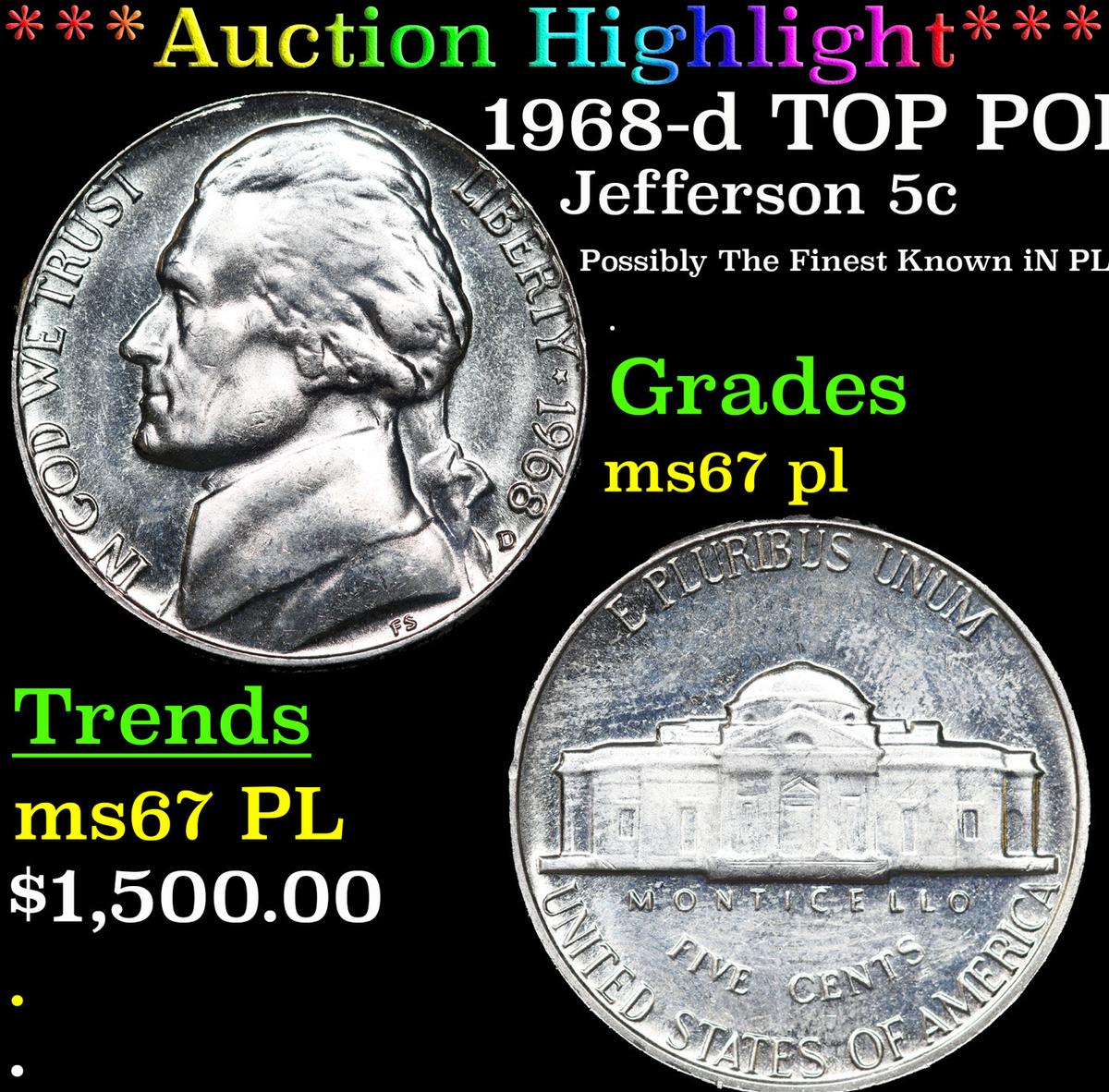 ***Auction Highlight*** 1968-d Jefferson Nickel TOP POP! 5c Graded ms67 pl BY SEGS (fc)