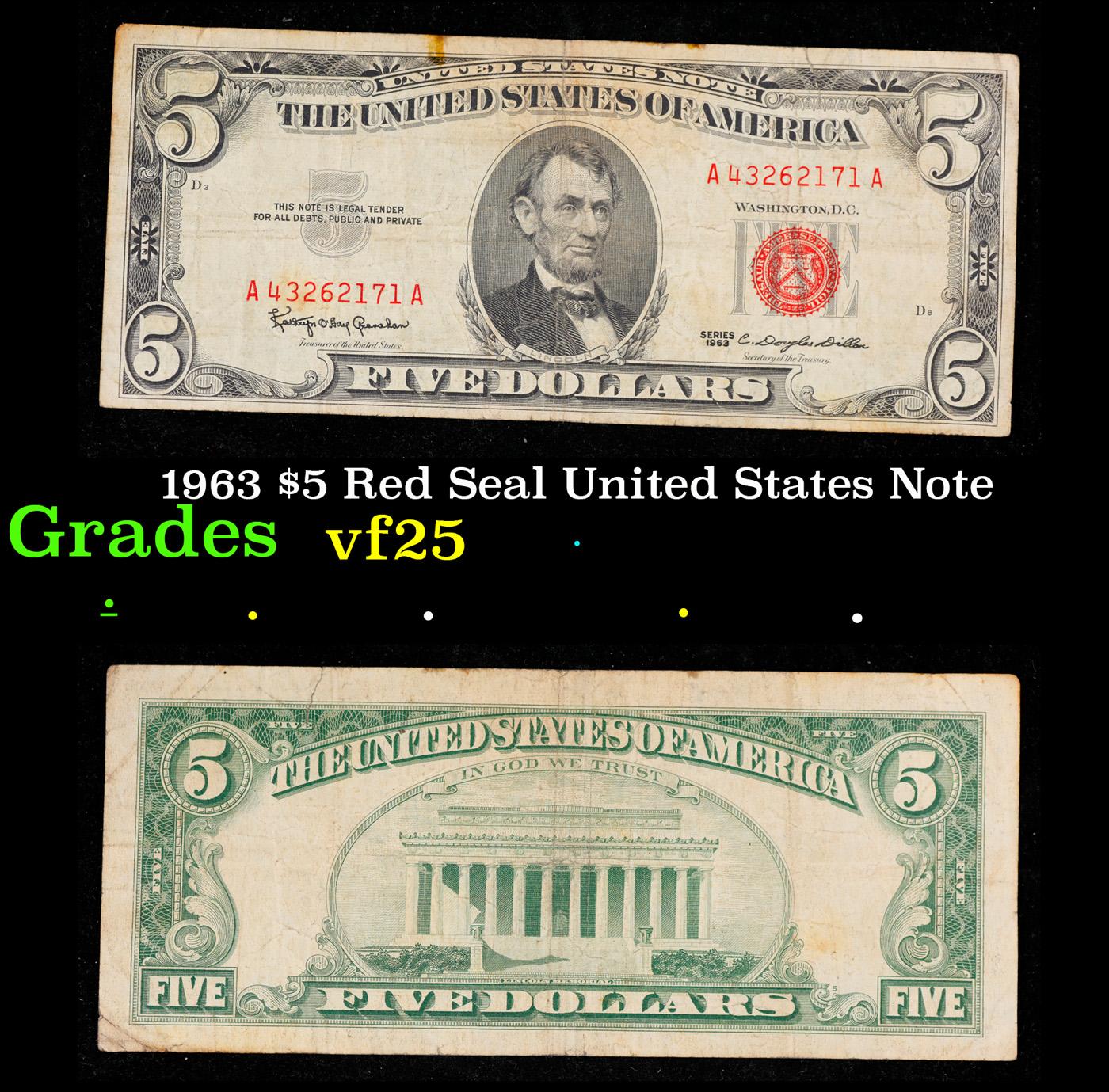 1963 $5 Red Seal United States Note Grades vf+