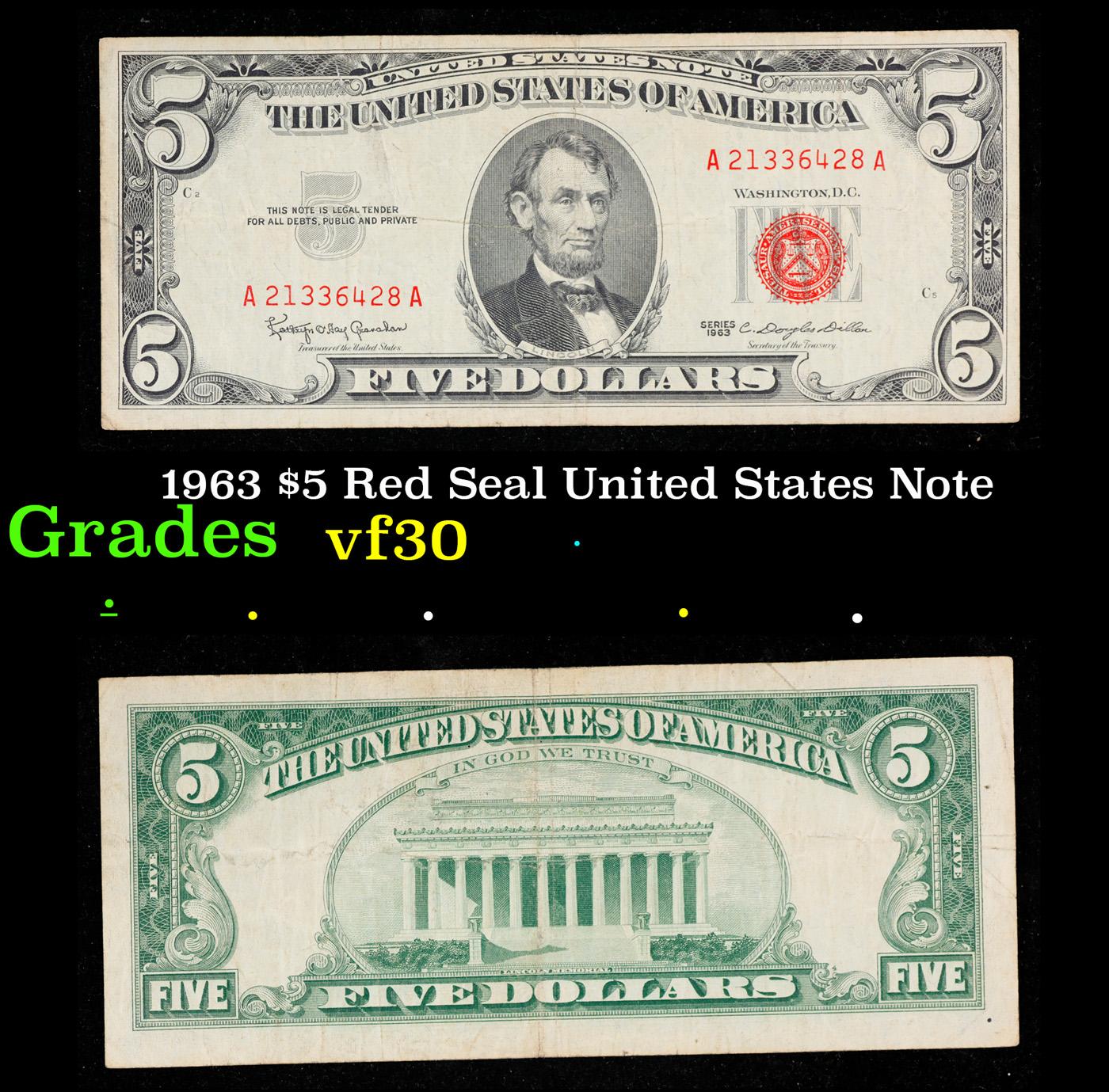 1963 $5 Red Seal United States Note Grades vf++