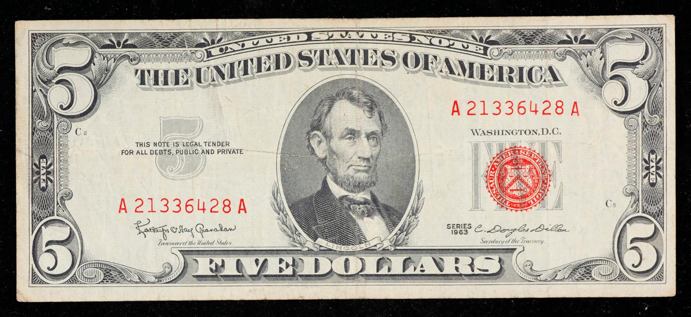 1963 $5 Red Seal United States Note Grades vf++