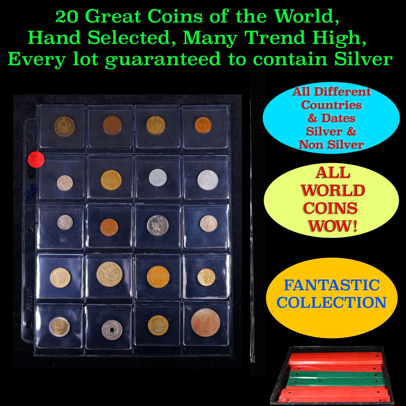 20 Great Coins of the World, hand selected, many trend high, every lot guaranteed to contain Silver.