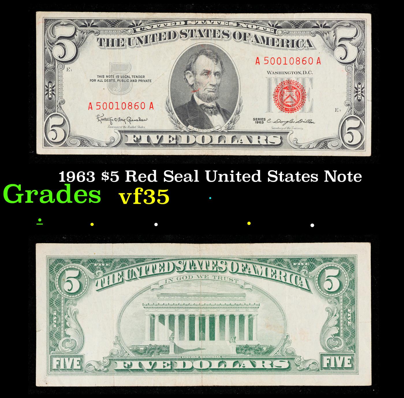 1963 $5 Red Seal United States Note Grades vf++