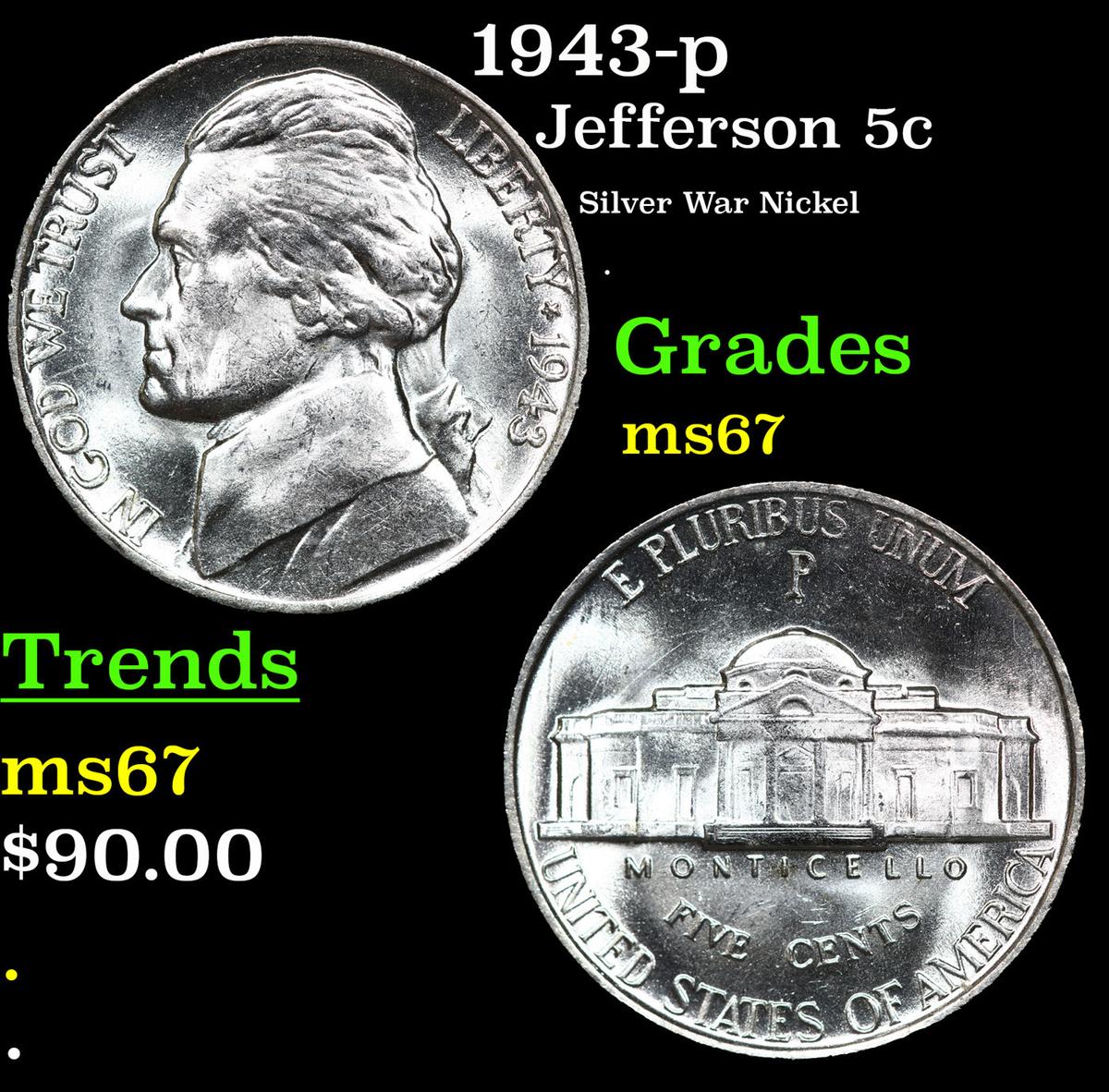 1943-p Jefferson Nickel 5c Grades GEM++ Unc