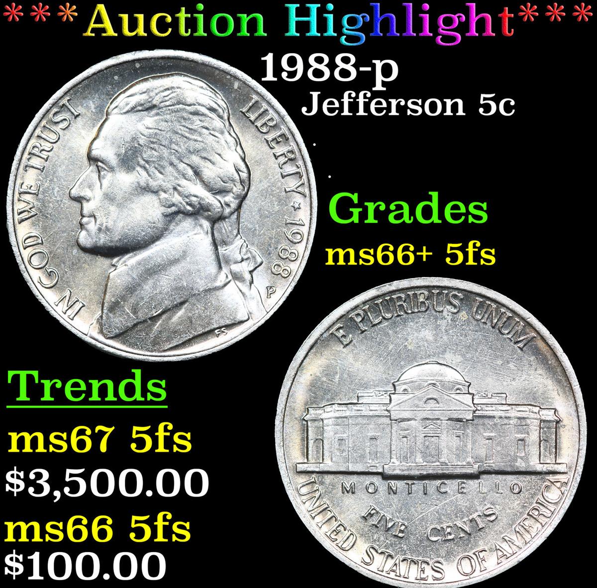 ***Auction Highlight*** 1988-p Jefferson Nickel 5c Graded ms66+ 5fs BY SEGS (fc)