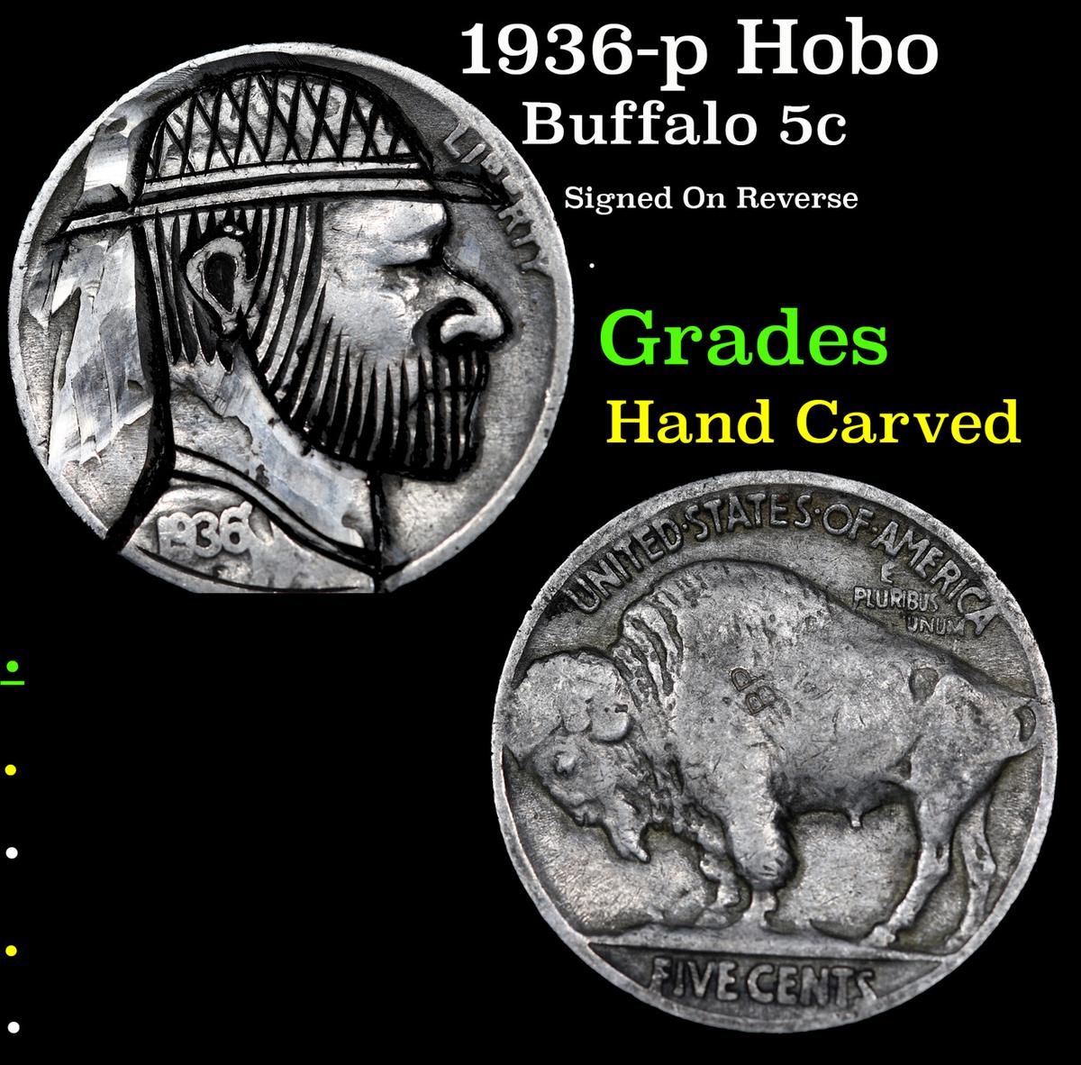 1936-p Hobo Buffalo Nickel 5c Grades Hand Carved