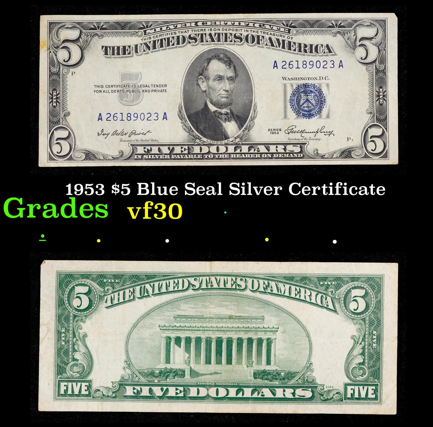 1953 $5 Blue Seal Silver Certificate Grades vf++