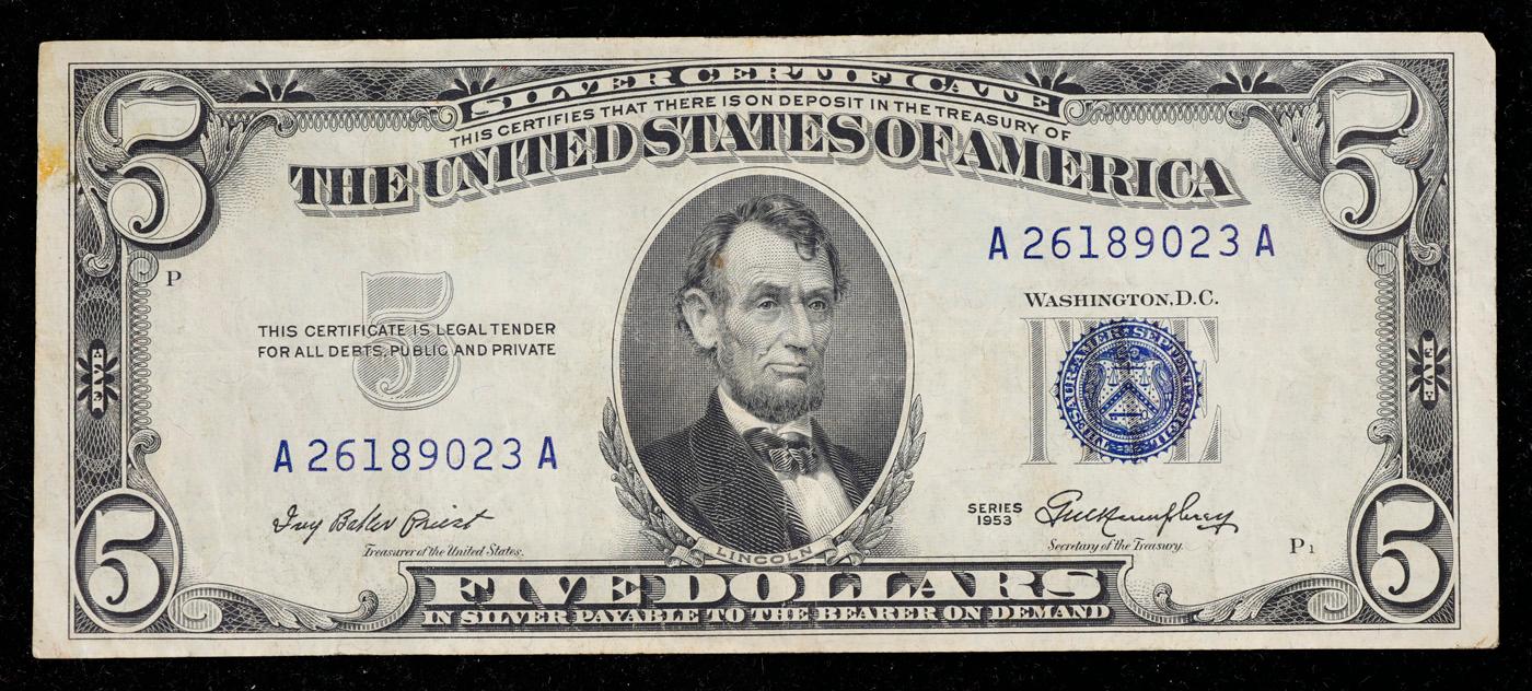 1953 $5 Blue Seal Silver Certificate Grades vf++