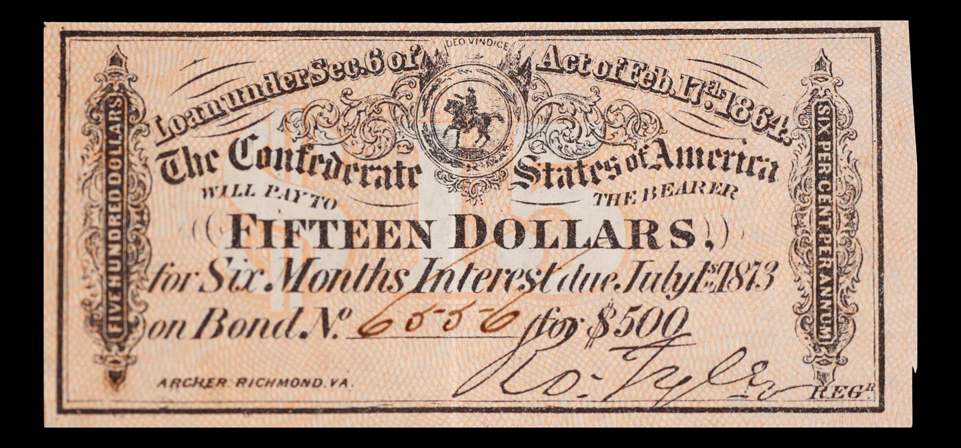 1864 Confederate States Fifteen Dollars Note Grades Choice AU/BU Slider