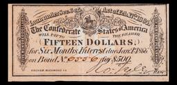 1864 Confederate States Fifteen Dollars Note Grades Choice AU/BU Slider