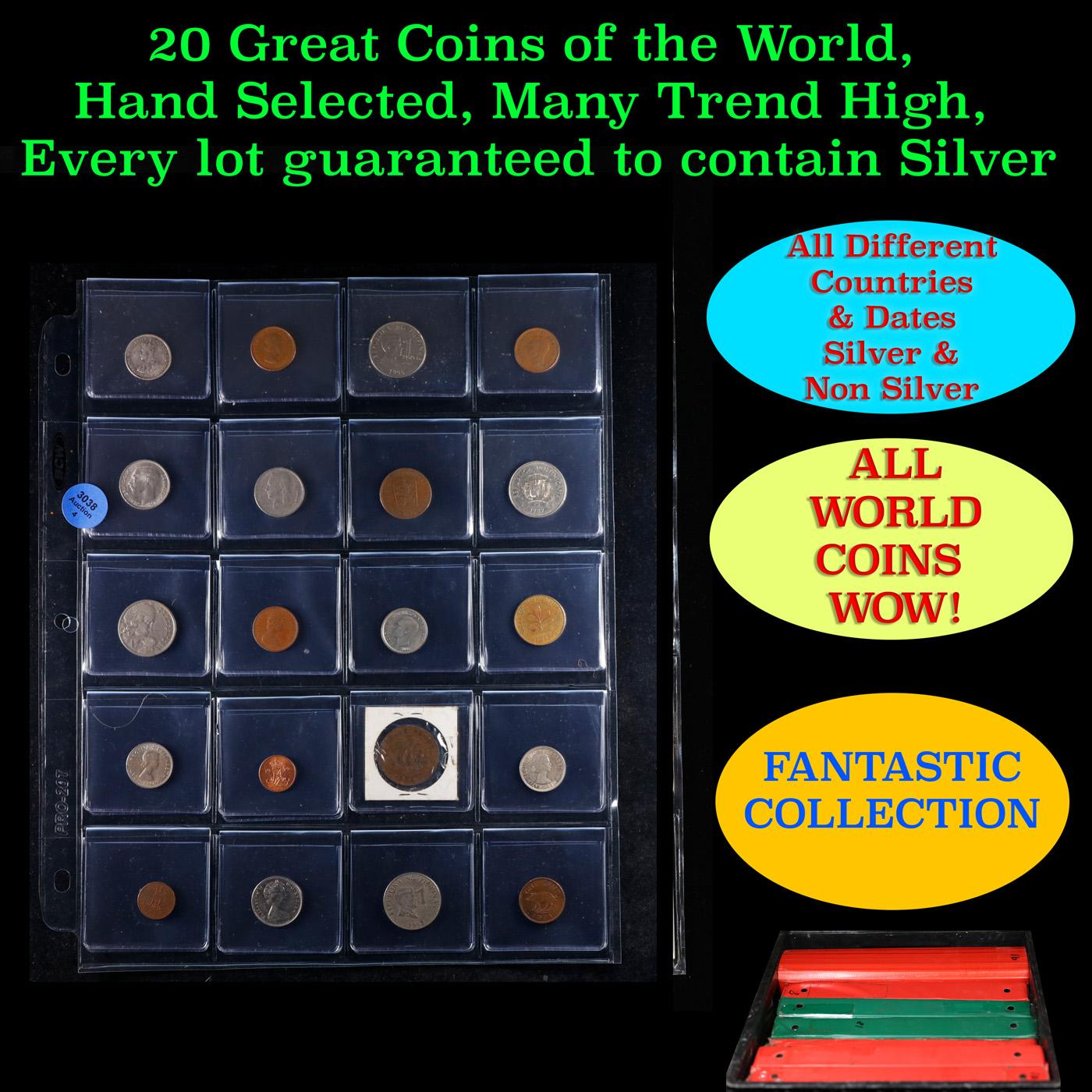 20 Great Coins of the World, hand selected, many trend high, every lot guaranteed to contain Silver.