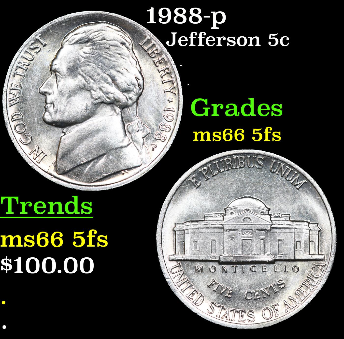 1988-p Jefferson Nickel 5c Grades GEM+ 5fs