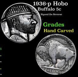 1936-p Hobo Buffalo Nickel 5c Grades Hand Carved