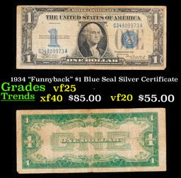 1934 "Funnyback" $1 Blue Seal Silver Certificate Grades vf+