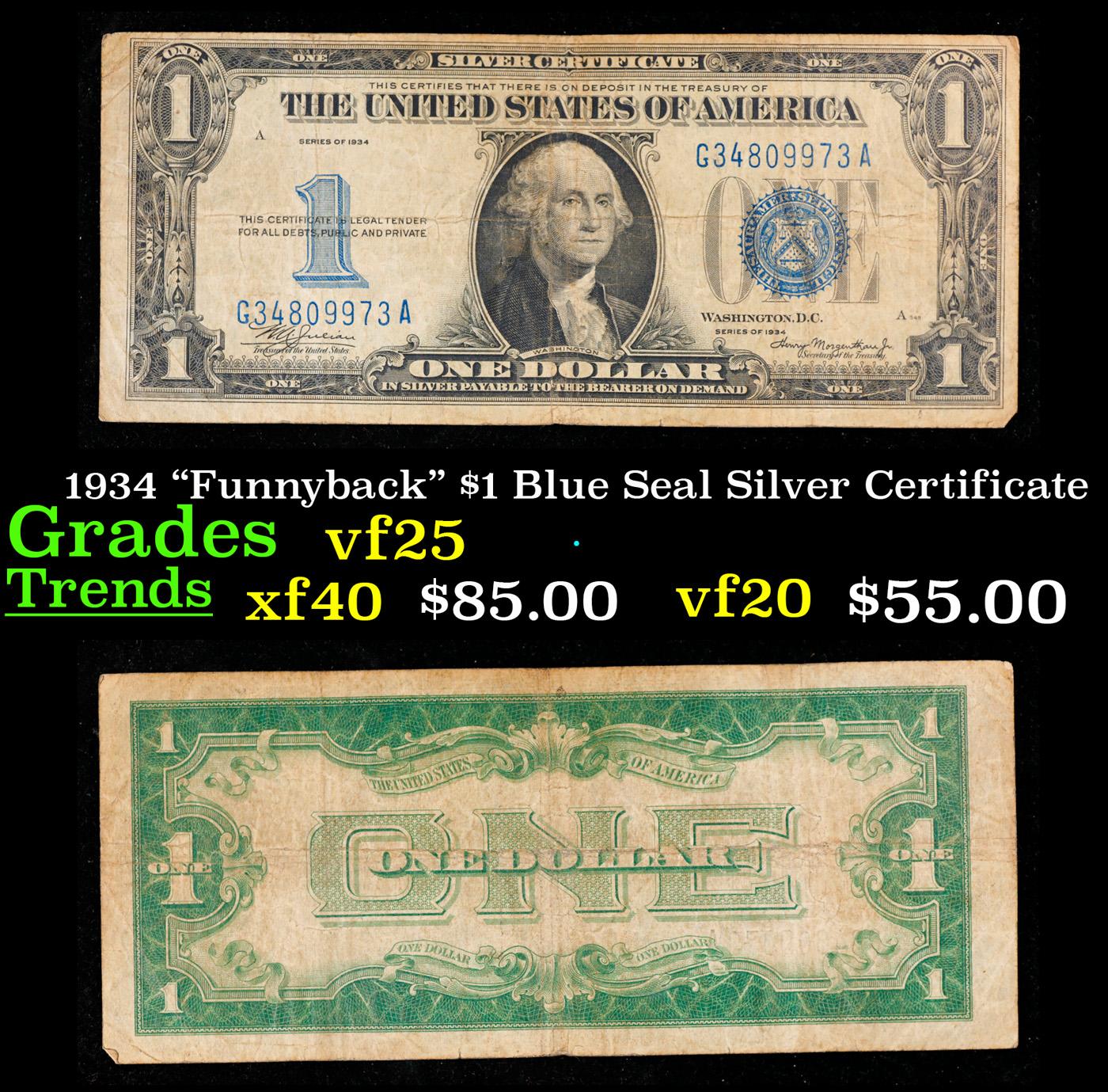 1934 "Funnyback" $1 Blue Seal Silver Certificate Grades vf+