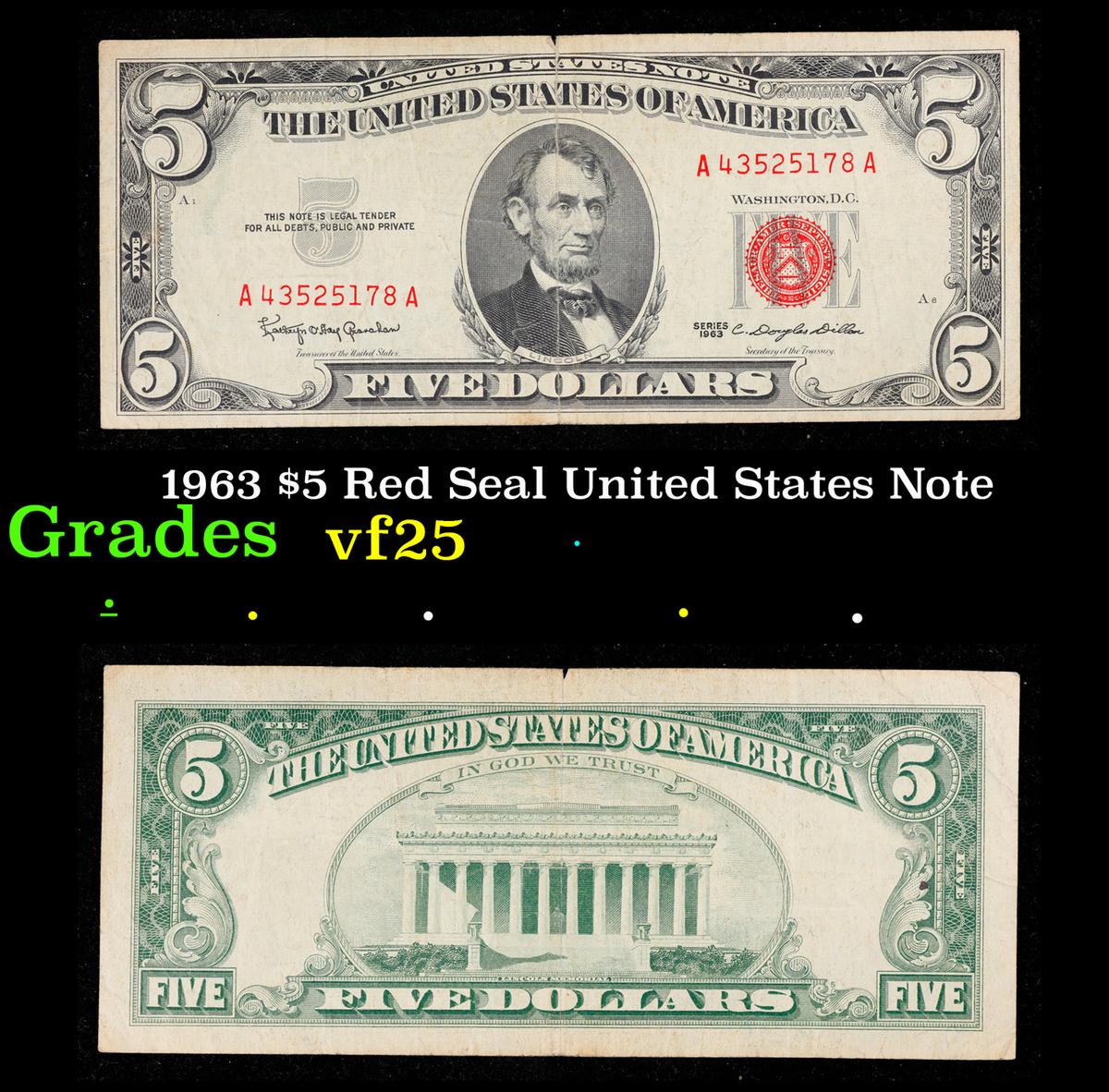 1963 $5 Red Seal United States Note Grades vf+