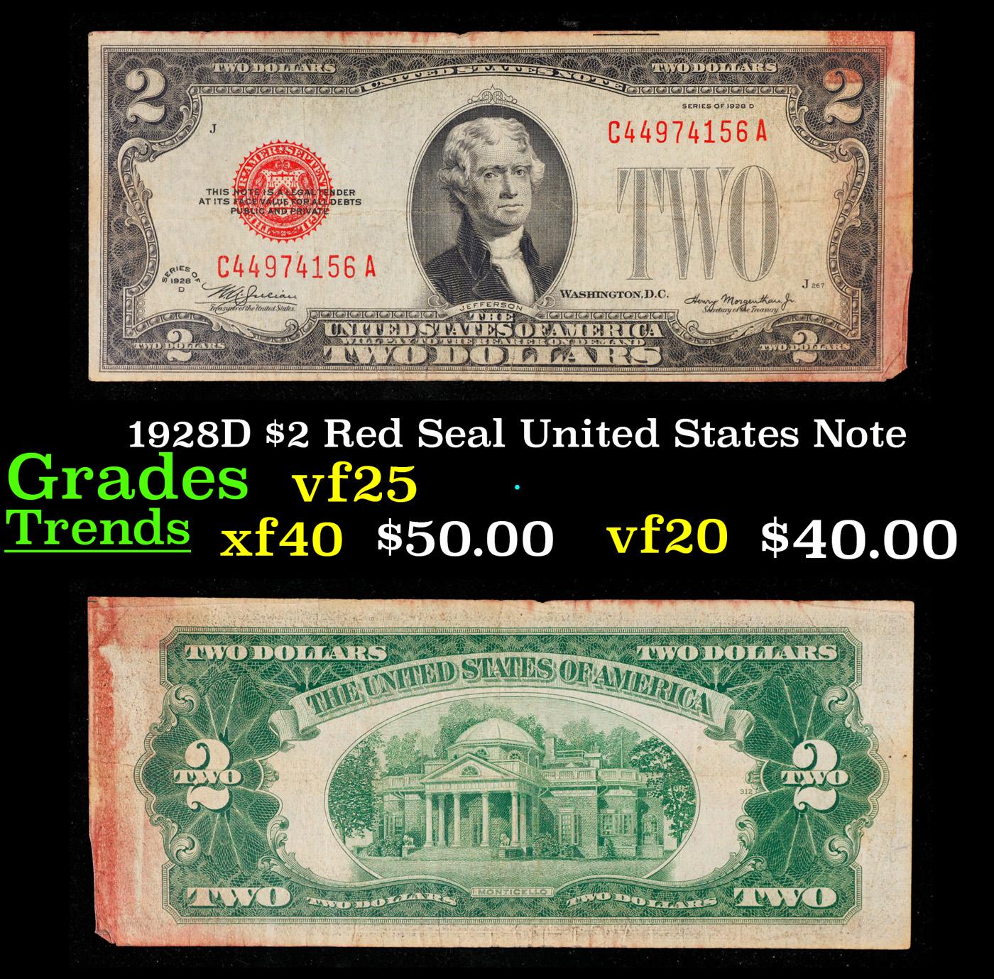 1928D $2 Red Seal United States Note Grades vf+