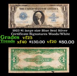 1923 $1 large size Blue Seal Silver Certificate Grades vf+ Signatures Woods/White