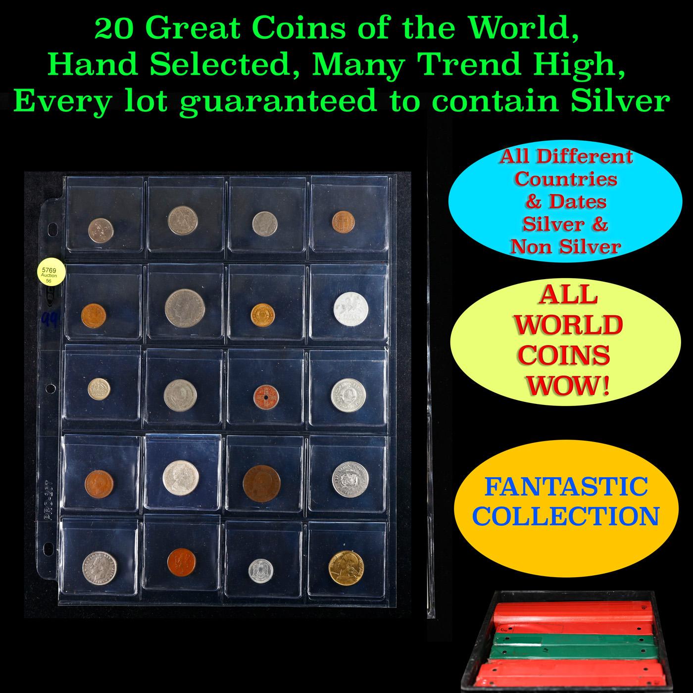 20 Great Coins of the World, hand selected, many trend high, every lot guaranteed to contain Silver.