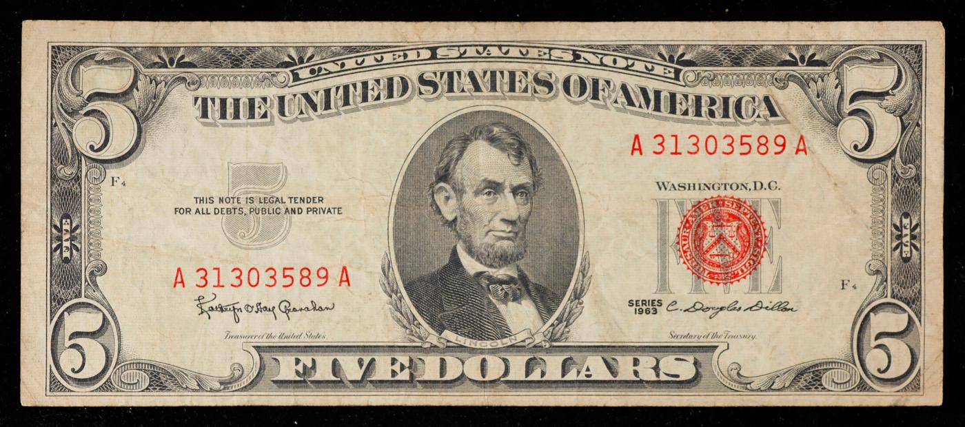 1963 $5 Red Seal United States Note Grades vf+