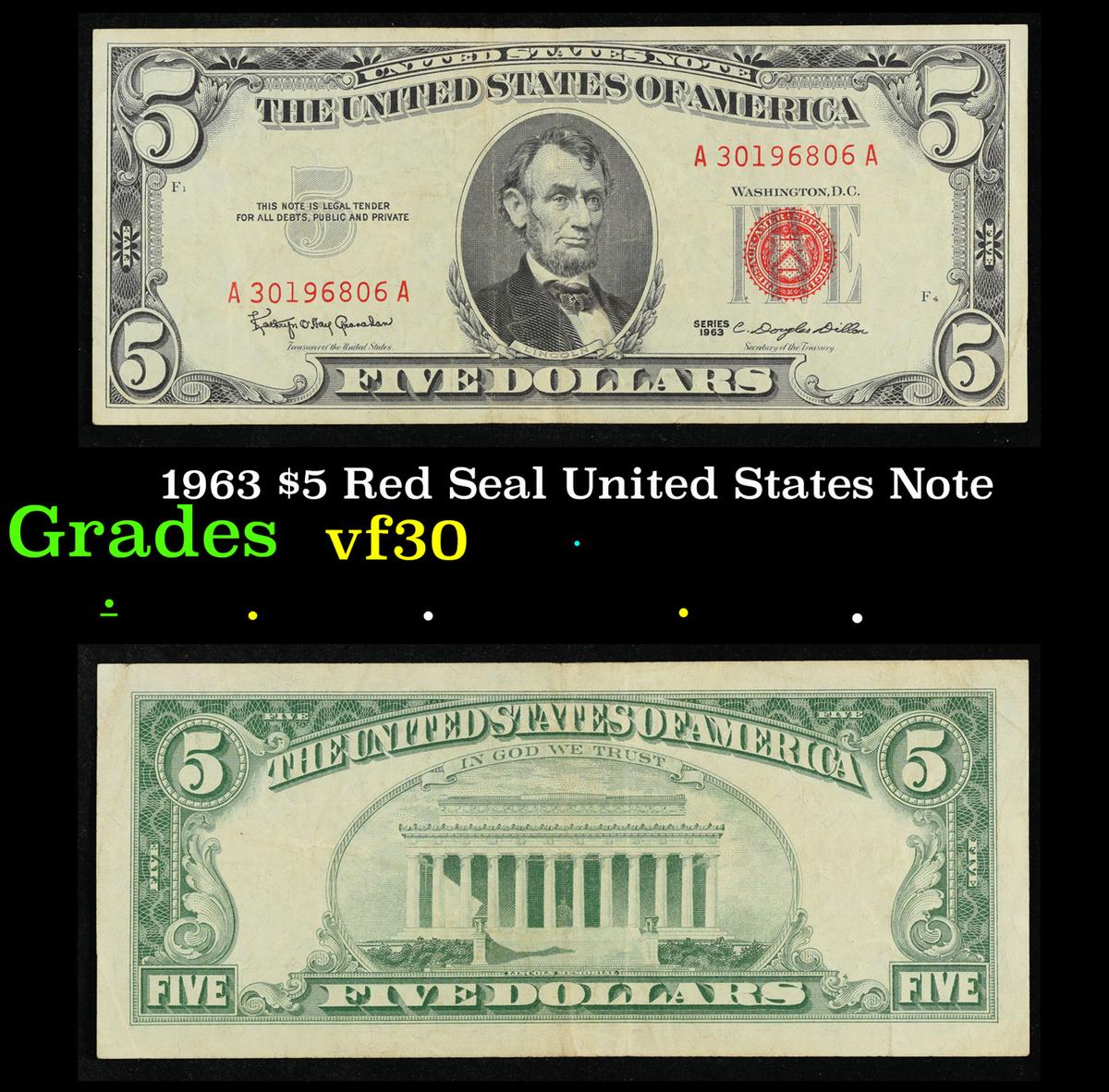 1963 $5 Red Seal United States Note Grades vf++