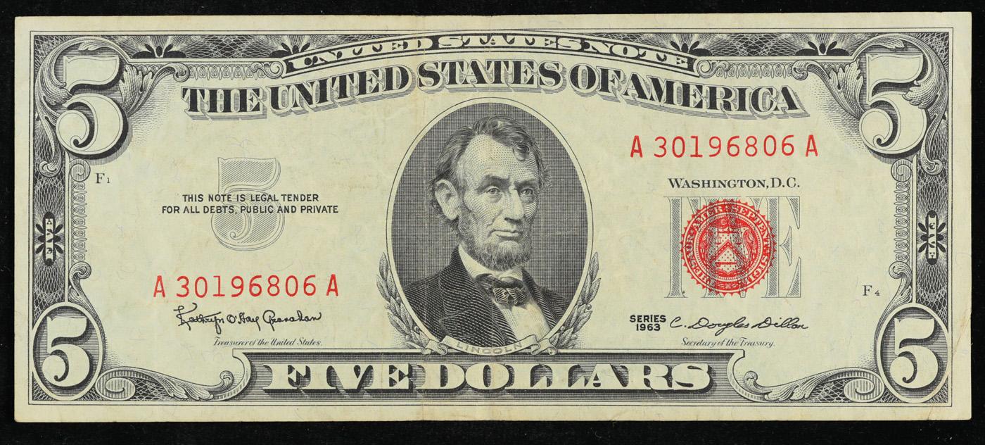 1963 $5 Red Seal United States Note Grades vf++