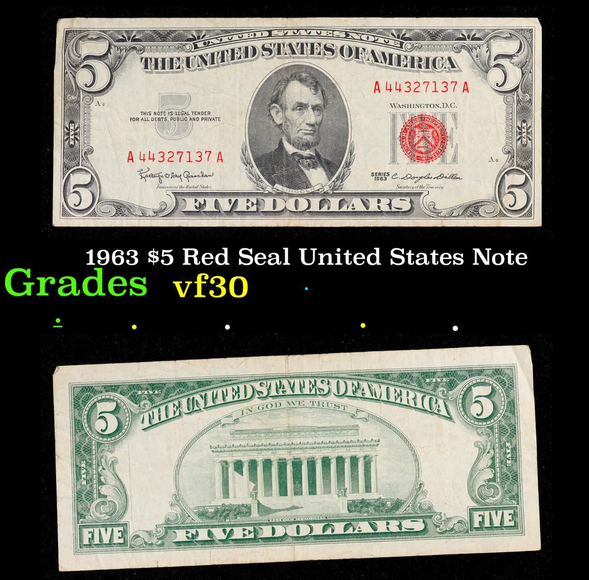 1963 $5 Red Seal United States Note Grades vf++