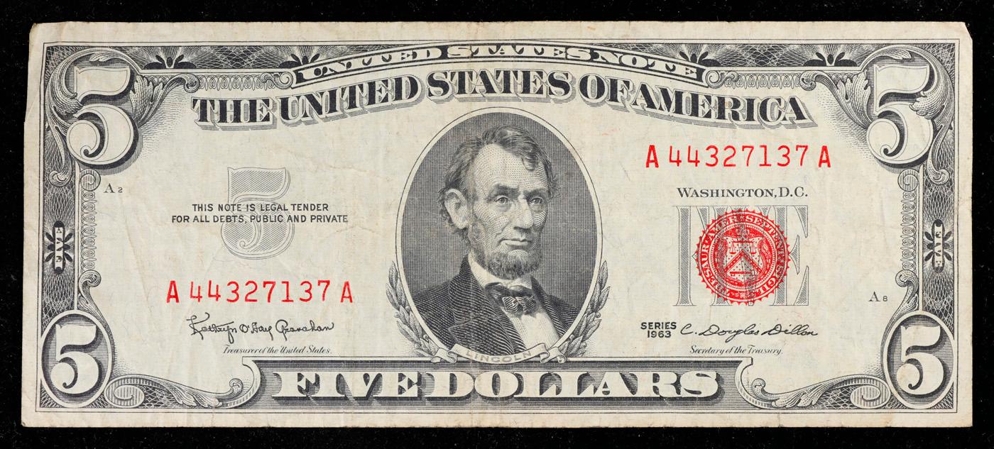 1963 $5 Red Seal United States Note Grades vf++