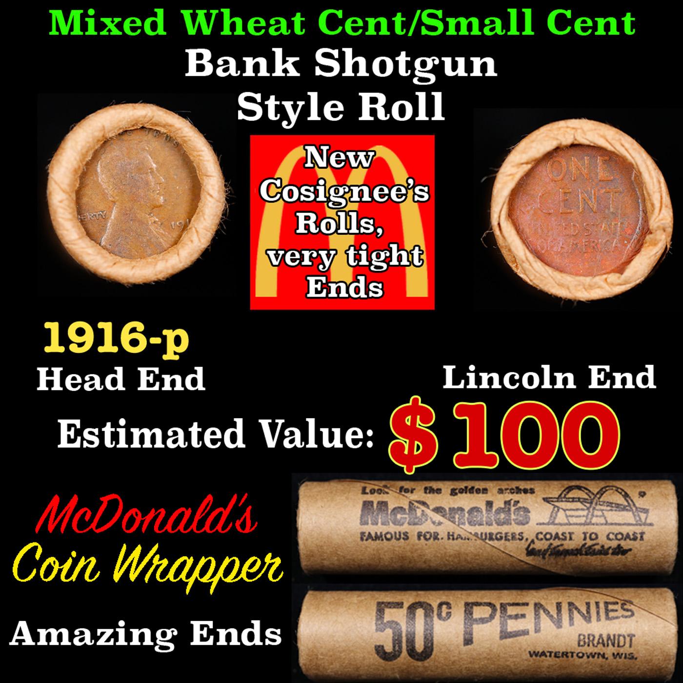 Lincoln Wheat Cent 1c Mixed Roll Orig Brandt McDonalds Wrapper, 1916-p end, Wheat other end