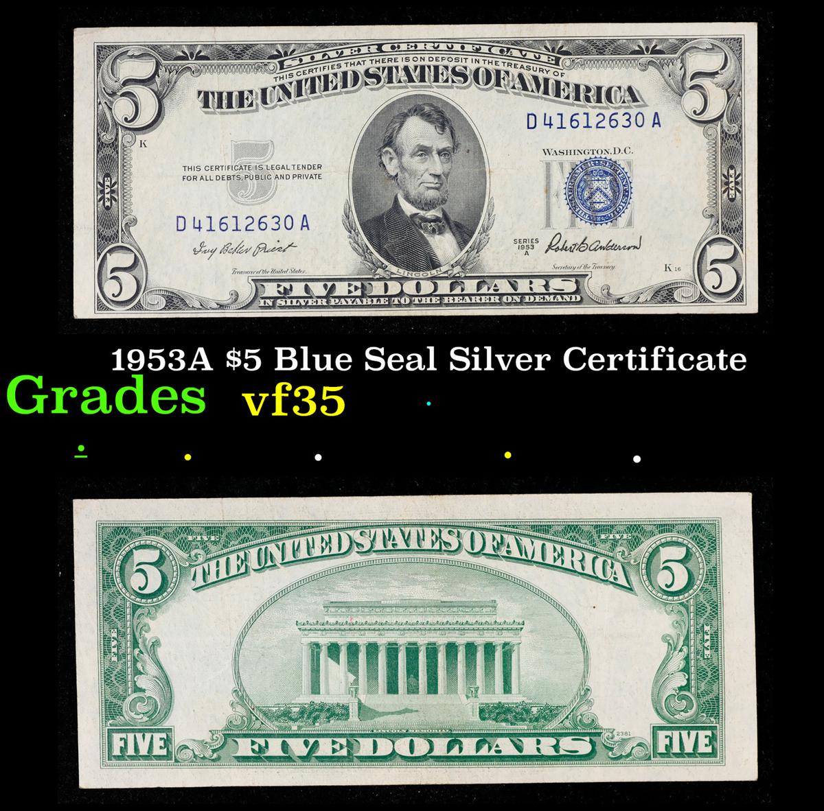 1953A $5 Blue Seal Silver Certificate Grades vf++