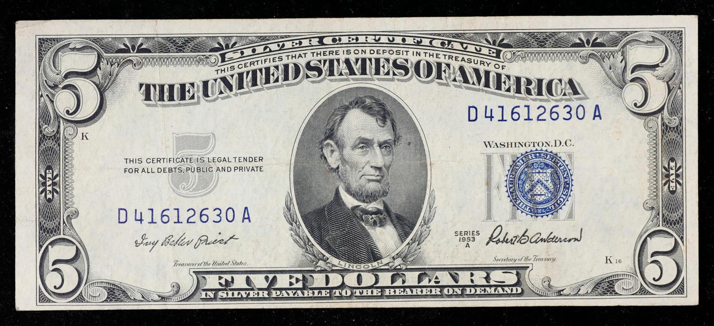 1953A $5 Blue Seal Silver Certificate Grades vf++